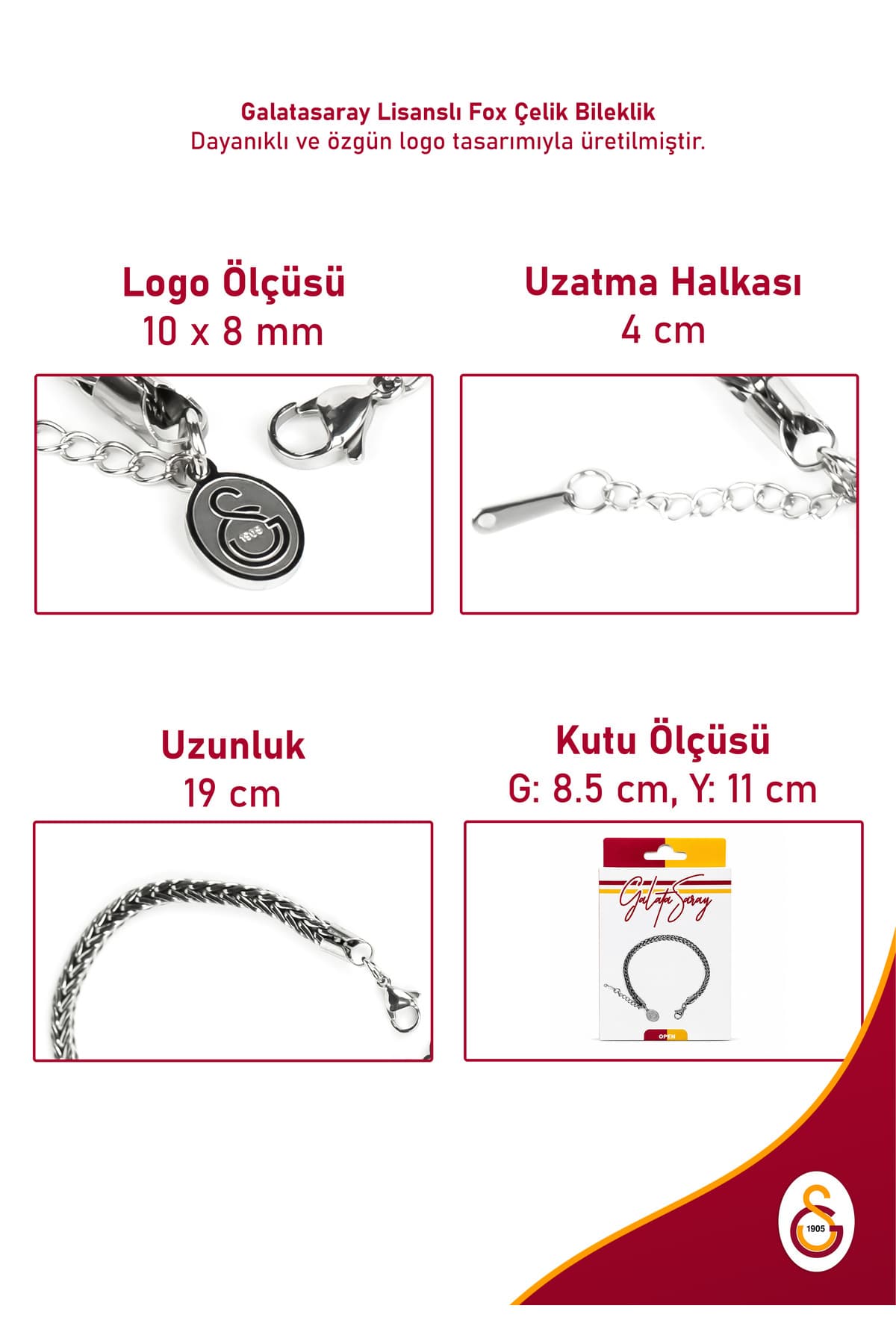 دستبند استیل هواداری Galatasaray با طرح GS Fox قابل تنظیم 19 cm خاکستری مجوزدار دستبند استیل هواداری Galatasaray با طرح GS Fox قابل تنظیم 19 cm خاکستری مجوزدار