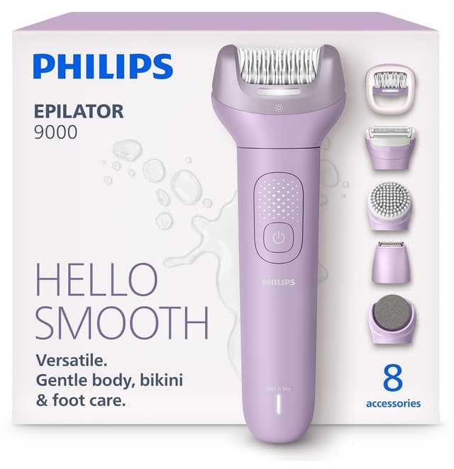 ست اپیلاتور تمام بدن Philips سری 9000، خشک و مرطوب، بیسیم، با برس لایهبردار و سری پدیکور مدل BRE728/05 ست اپیلاتور تمام بدن Philips سری 9000، خشک و مرطوب، بیسیم، با برس لایهبردار و سری پدیکور مدل BRE728/05