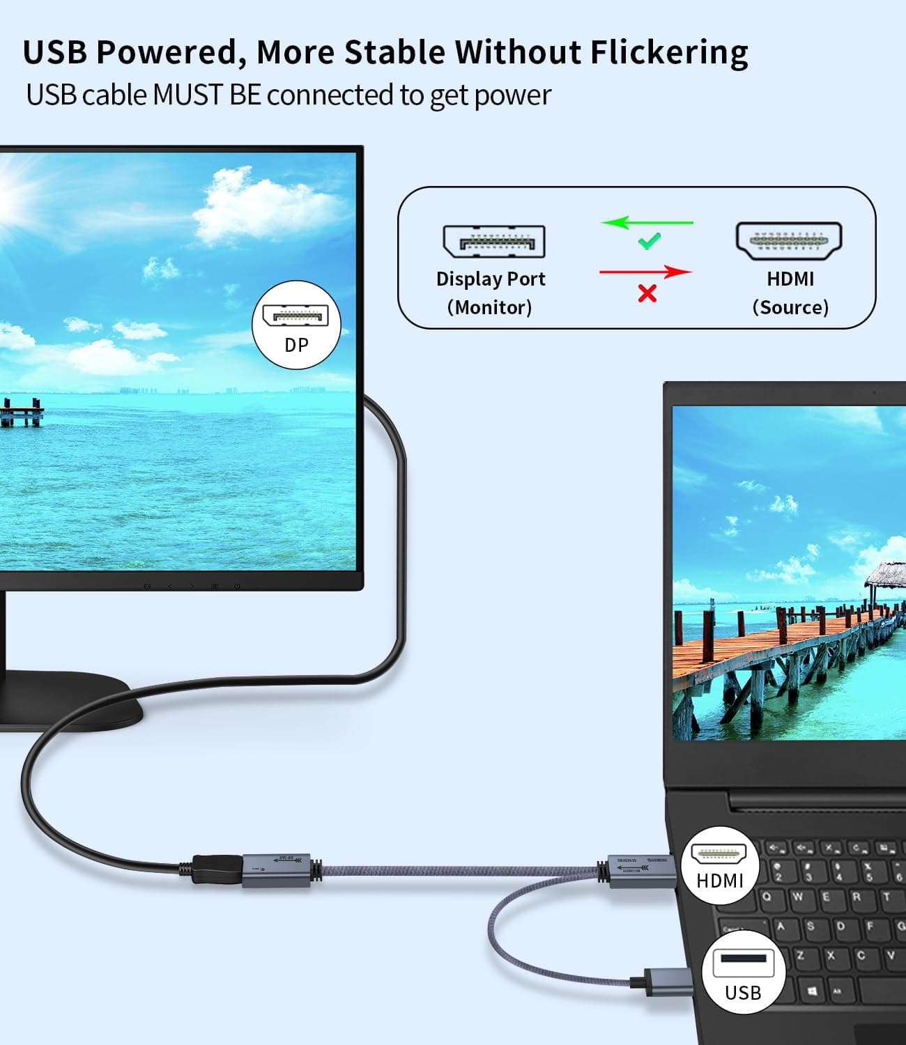 کابل مبدل HDMI به DisplayPort Shuomeng نری به مادگی با برق USB، 4K@60Hz کابل مبدل HDMI به DisplayPort Shuomeng نری به مادگی با برق USB، 4K@60Hz