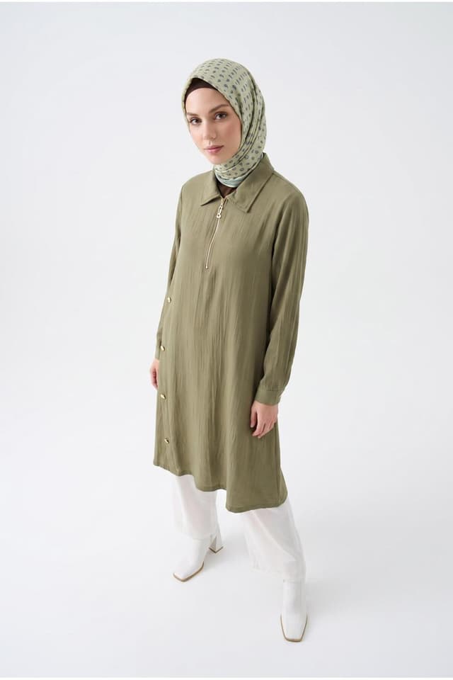 تونیک بلند زنانه Armine Trend پارچه طبیعی یقه طلایی زیپدار گشاد تونیک بلند زنانه Armine Trend پارچه طبیعی یقه طلایی زیپدار گشاد