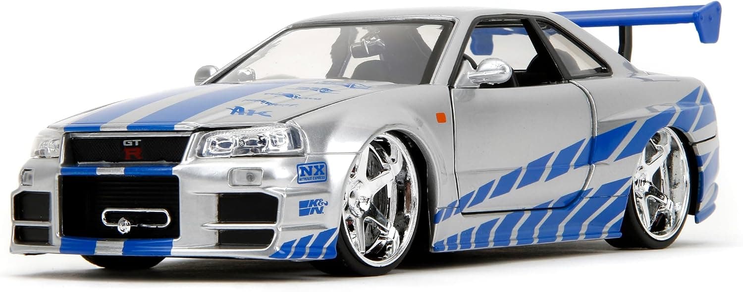 ماشین فلزی Jada از مجموعه Fast & Furious مدل 2002 Nissan Skyline R34، مقیاس 1:24، نقرهای و آبی ماشین فلزی Jada از مجموعه Fast & Furious مدل 2002 Nissan Skyline R34، مقیاس 1:24، نقرهای و آبی