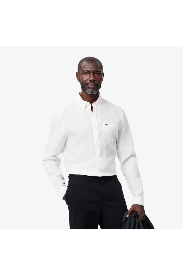 پیراهن مردانه Lacoste کتان سفید یقه دکمهدار فیت معمولی پیراهن مردانه Lacoste کتان سفید یقه دکمهدار فیت معمولی