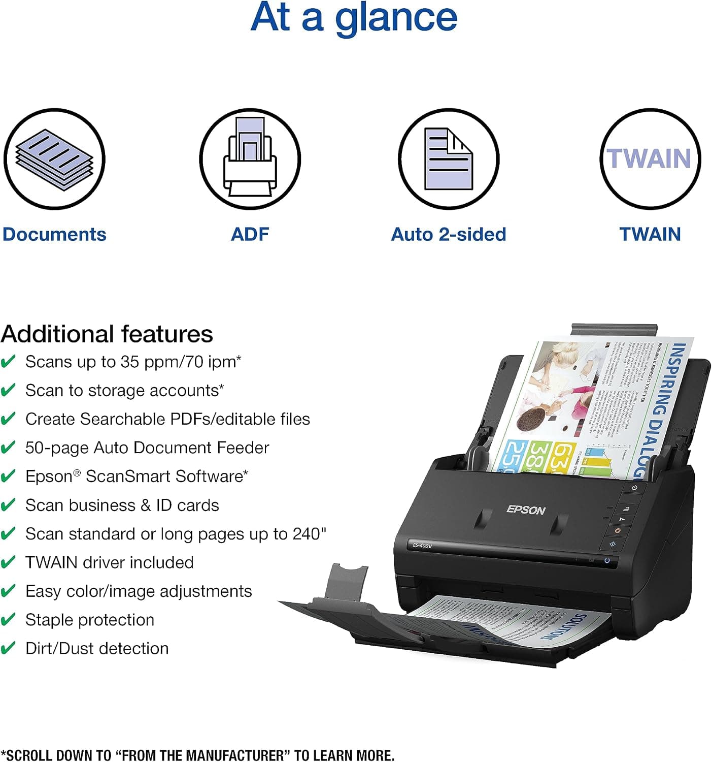 اسکنر اسناد رومیزی رنگی دورو Epson Workforce برای PC و Mac با تغذیه خودکار اسناد (ADF) مدل ES-400 II اسکنر اسناد رومیزی رنگی دورو Epson Workforce برای PC و Mac با تغذیه خودکار اسناد (ADF) مدل ES-400 II