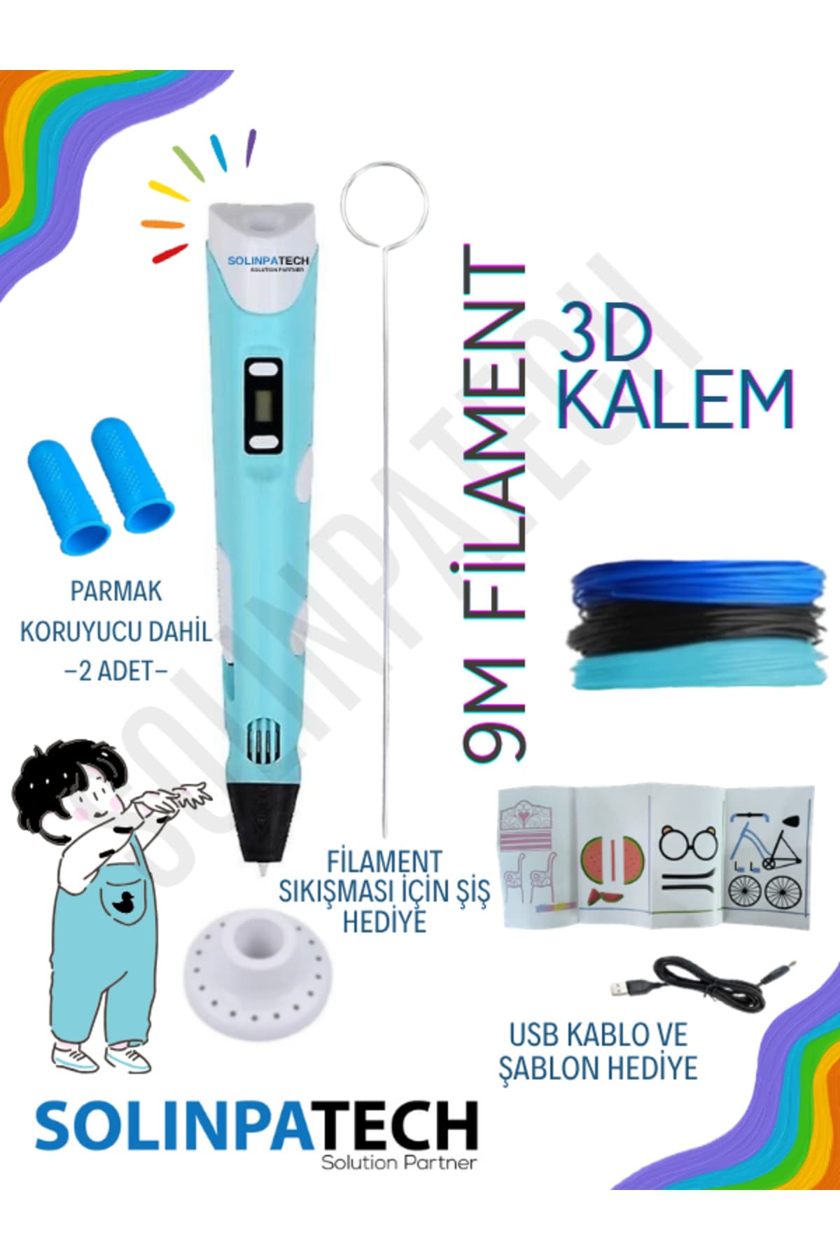 قلم سه بعدی SolinpaTech آبی 3 رنگ 9 متر فیلامنت کابل USB قلم سه بعدی SolinpaTech آبی 3 رنگ 9 متر فیلامنت کابل USB
