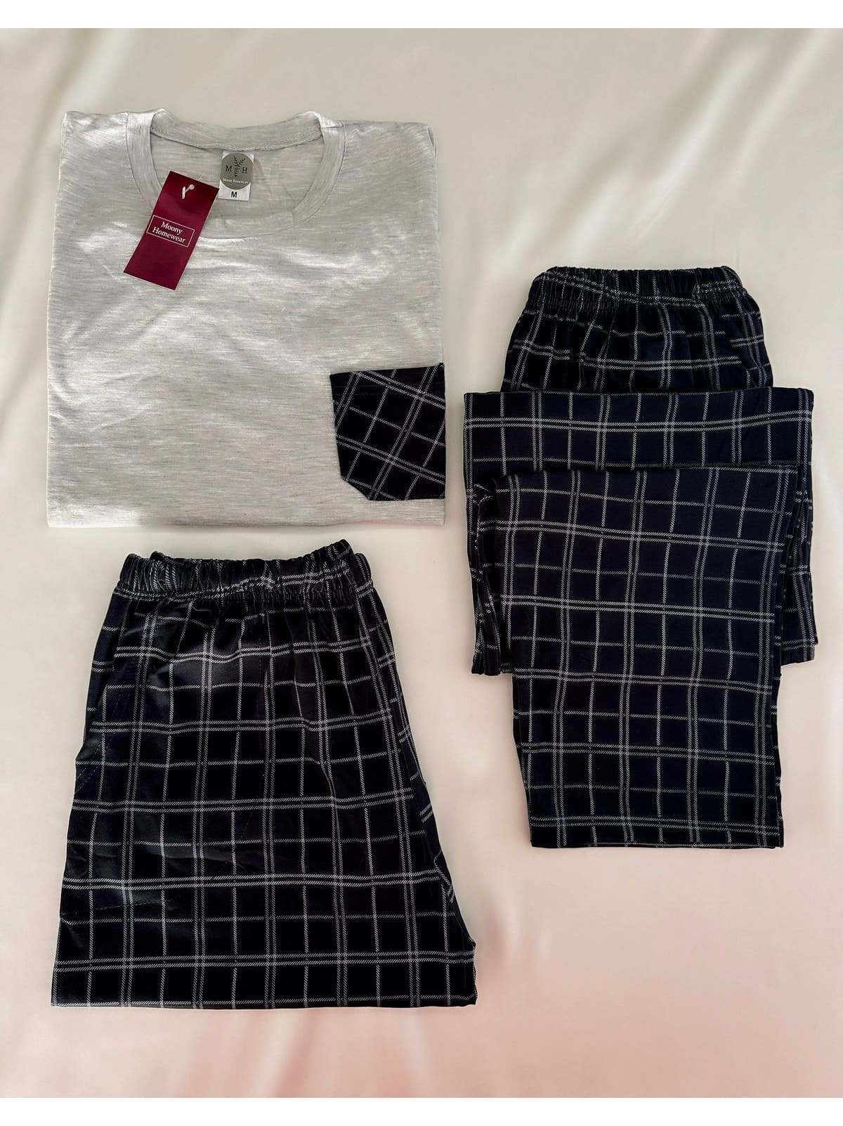 پیژامه مردانه MH Moony Homewears 3 تکه خاکستری چهارخانه با جیب پیژامه مردانه MH Moony Homewears 3 تکه خاکستری چهارخانه با جیب