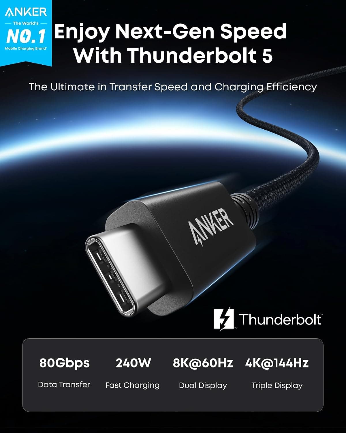 کابل Anker Prime Thunderbolt 5 با رابط USB-C به USB-C شارژ 240W 1m کابل Anker Prime Thunderbolt 5 با رابط USB-C به USB-C شارژ 240W 1m