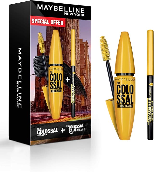 ست ۲ تکه آرایش چشم MAYBELLINE شامل ریمل Colossal مشکی و خط چشم Kajal حاوی روغن آرگان ست ۲ تکه آرایش چشم MAYBELLINE شامل ریمل Colossal مشکی و خط چشم Kajal حاوی روغن آرگان