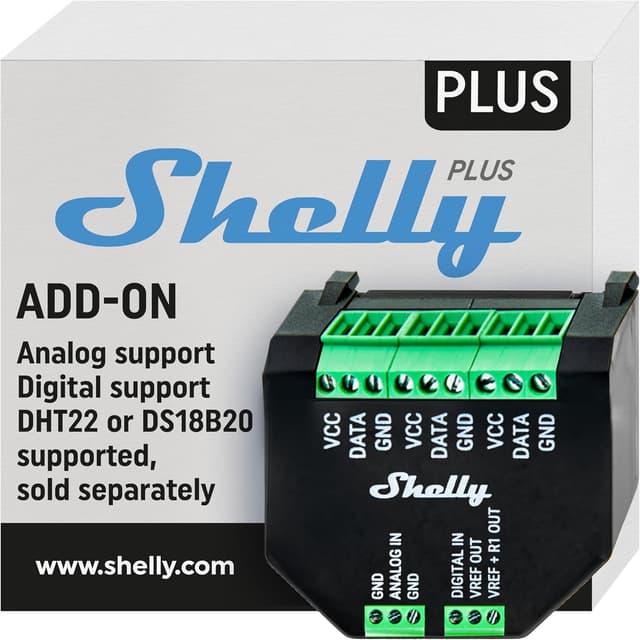 ماژول رابط خانه هوشمند Shelly Plus Add-On با کنترل WLAN و اپلیکیشن، سازگار با حسگرهای DS18B20 و DHT22، 3,3 V ماژول رابط خانه هوشمند Shelly Plus Add-On با کنترل WLAN و اپلیکیشن، سازگار با حسگرهای DS18B20 و DHT22، 3,3 V