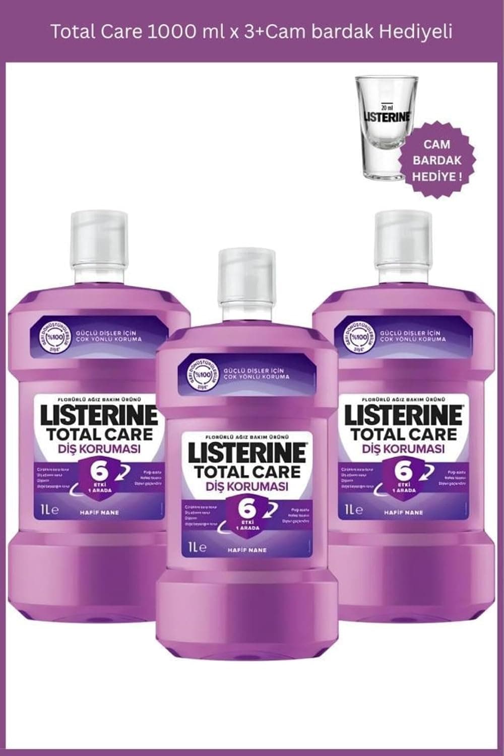 دهانشویه Listerine Total Care 1000 Ml X 3 بههمراه لیوان شیشهای دهانشویه Listerine Total Care 1000 Ml X 3 بههمراه لیوان شیشهای