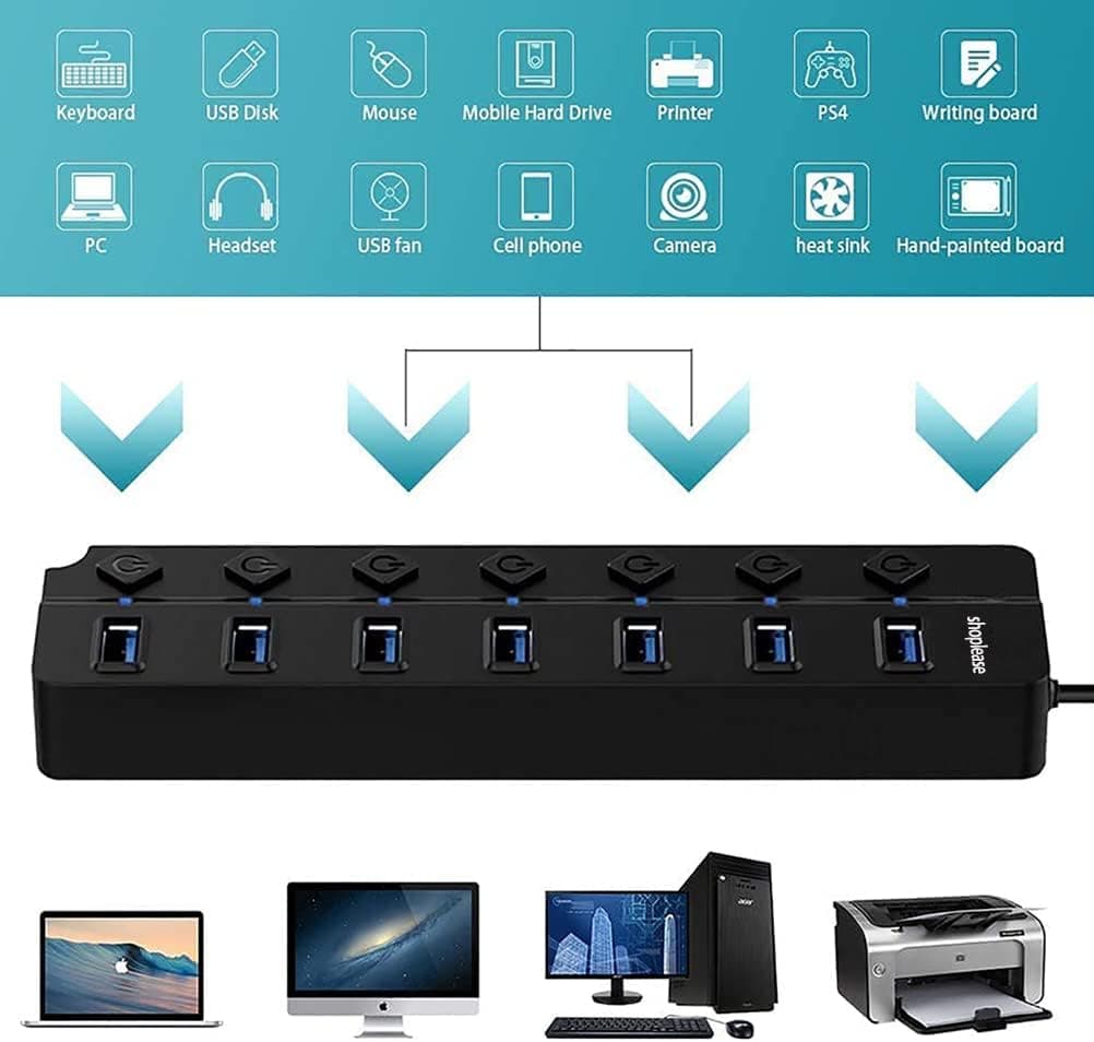 هاب USB 3.0 هفت پورت shoplease با کلید مستقل و چراغ، بدون آداپتور برق هاب USB 3.0 هفت پورت shoplease با کلید مستقل و چراغ، بدون آداپتور برق