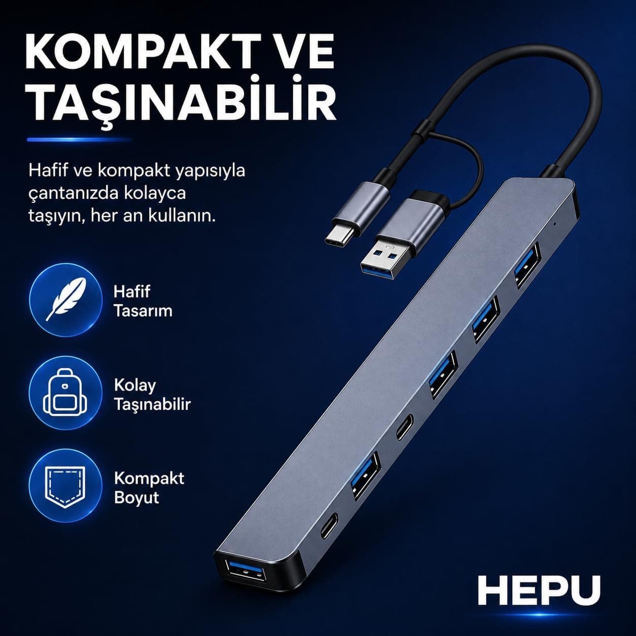 هاب USB 3.0 HEPU پنجپورت ورودی Type-C و USB-A بدنه آلومینیومی مدل HP-B03 هاب USB 3.0 HEPU پنجپورت ورودی Type-C و USB-A بدنه آلومینیومی مدل HP-B03