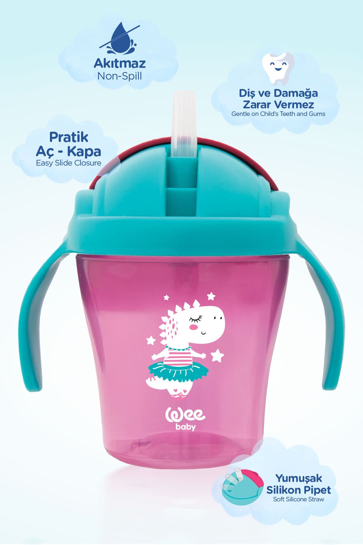 قمقمه نوزاد Wee Baby Dino نیدار دستهدار ضدنشت 200 Ml صورتی قمقمه نوزاد Wee Baby Dino نیدار دستهدار ضدنشت 200 Ml صورتی