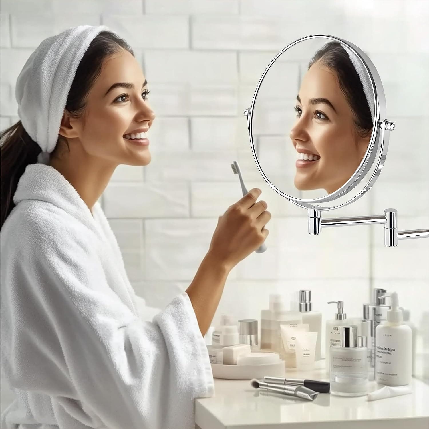 آینه آرایش دیواری مردانه و زنانه JANEEVA 8" دوطرفه کروم بازوی 360° بزرگنمایی 1X/10X آینه آرایش دیواری مردانه و زنانه JANEEVA 8" دوطرفه کروم بازوی 360° بزرگنمایی 1X/10X