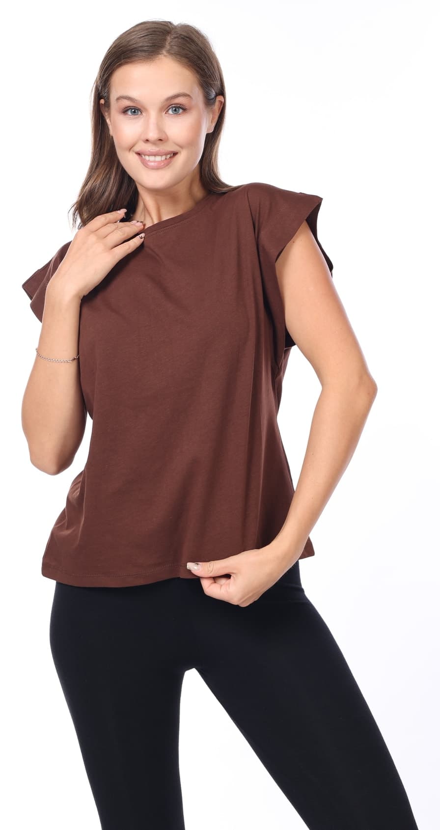 تیشرت زنانه Tight Lady نخی قهوهای یقه گرد آستین خفاشی مدل پد سرشانه تیشرت زنانه Tight Lady نخی قهوهای یقه گرد آستین خفاشی مدل پد سرشانه