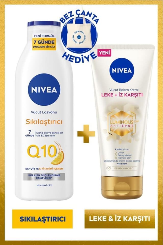 ست لوسیون و کرم بدن NIVEA سفتکننده Q10 و ضدلک و ضدترک Luminous630، 250ml و 200ml، کیف هدیه ست لوسیون و کرم بدن NIVEA سفتکننده Q10 و ضدلک و ضدترک Luminous630، 250ml و 200ml، کیف هدیه