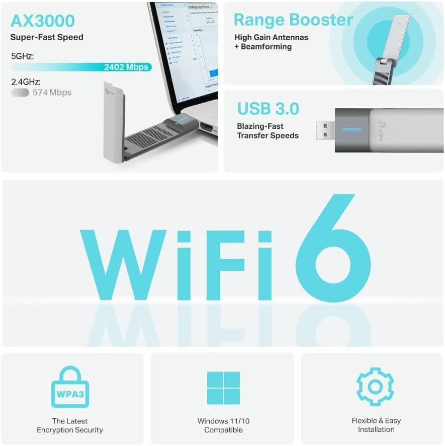 آداپتور USB دو بانده TP-Link با Wi-Fi 6، AX3000Mbps، USB 3.0، WPA3، Beamforming و MU-MIMO مدل Archer TX50UH آداپتور USB دو بانده TP-Link با Wi-Fi 6، AX3000Mbps، USB 3.0، WPA3، Beamforming و MU-MIMO مدل Archer TX50UH
