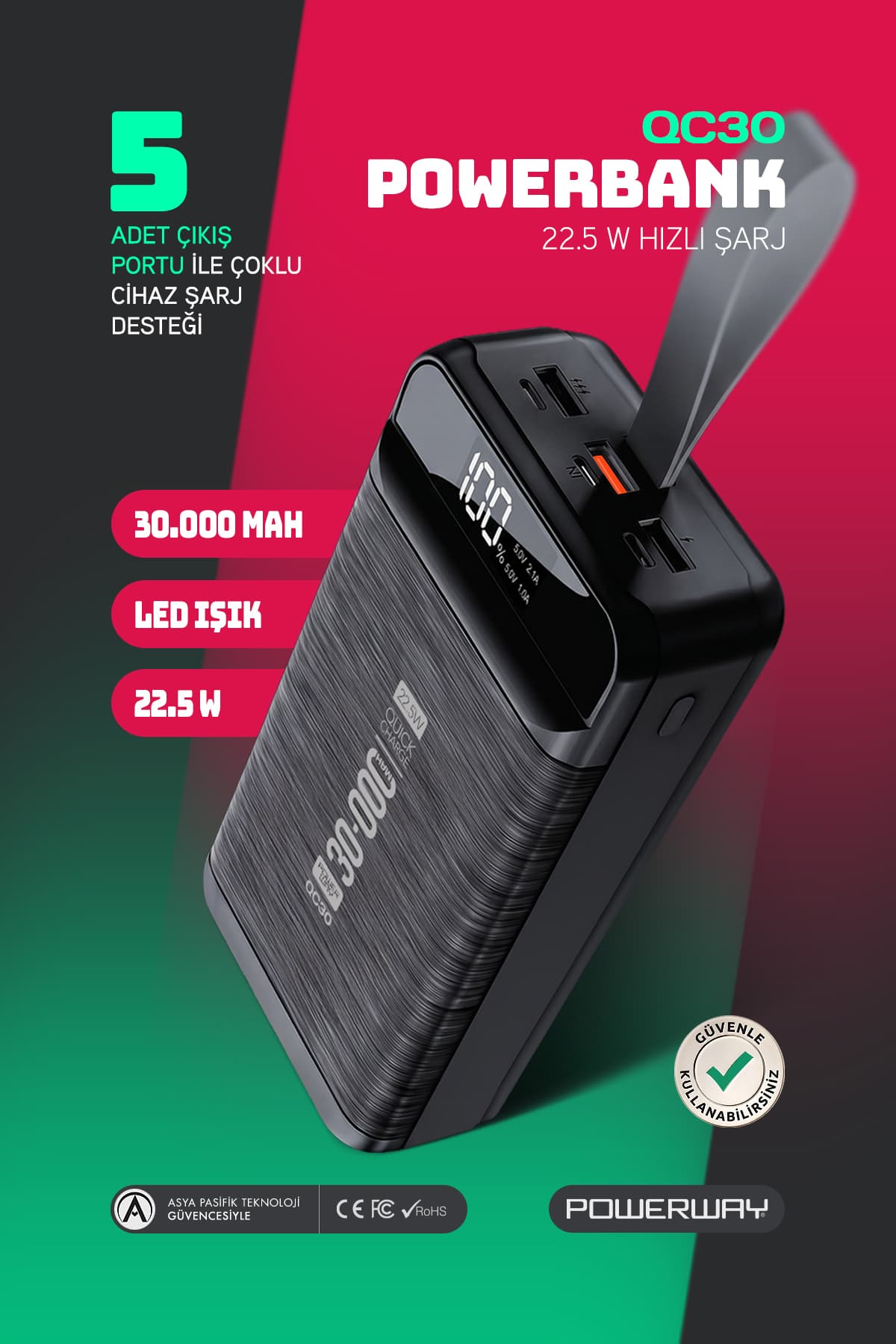 پاوربانک Powerway مشکی 30.000 mAh با شارژ سریع PD 22.5 W، چراغقوه LED و نمایشگر دیجیتال مدل QC30 پاوربانک Powerway مشکی 30.000 mAh با شارژ سریع PD 22.5 W، چراغقوه LED و نمایشگر دیجیتال مدل QC30