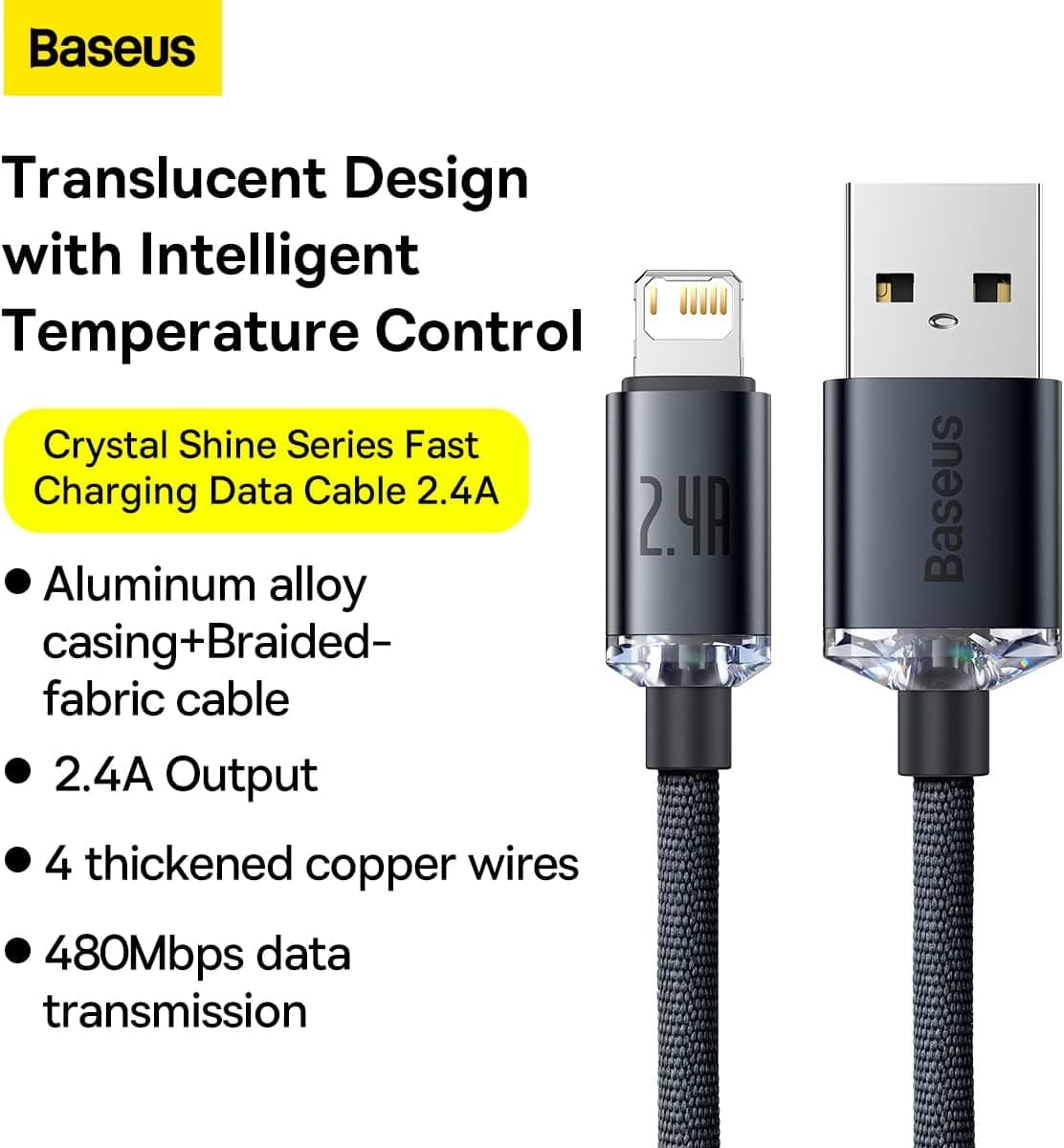 کابل شارژ سریع Lightning سازگار با iPhone Baseus Crystal Shine با ساختار تقویتشده بادوام، مشکی، 1.2m کابل شارژ سریع Lightning سازگار با iPhone Baseus Crystal Shine با ساختار تقویتشده بادوام، مشکی، 1.2m