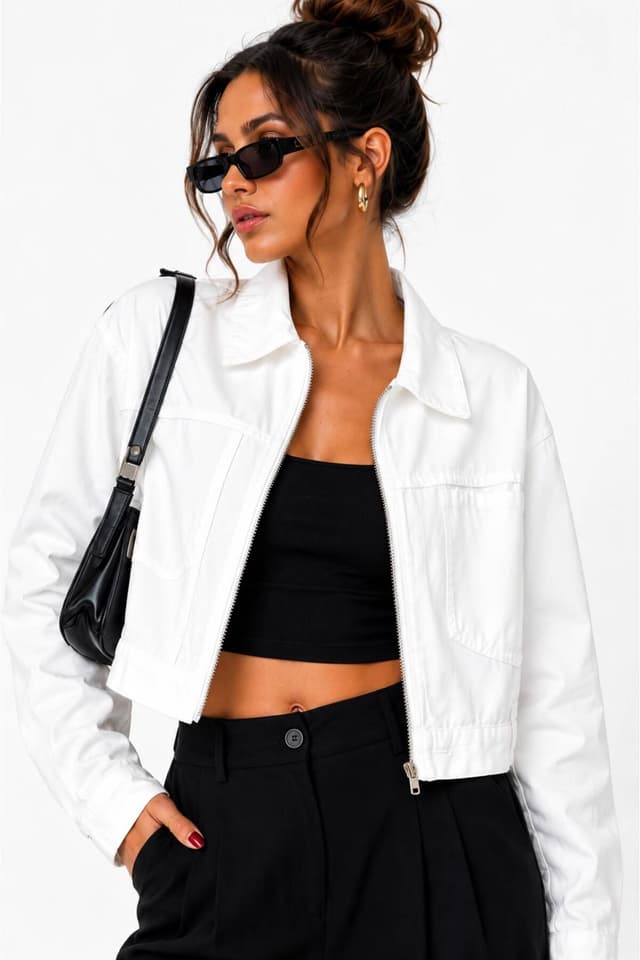 ژاکت زنانه Madame Cool کراپ سفید زیپدار یقه پیراهنی جیبدار روزمره ژاکت زنانه Madame Cool کراپ سفید زیپدار یقه پیراهنی جیبدار روزمره