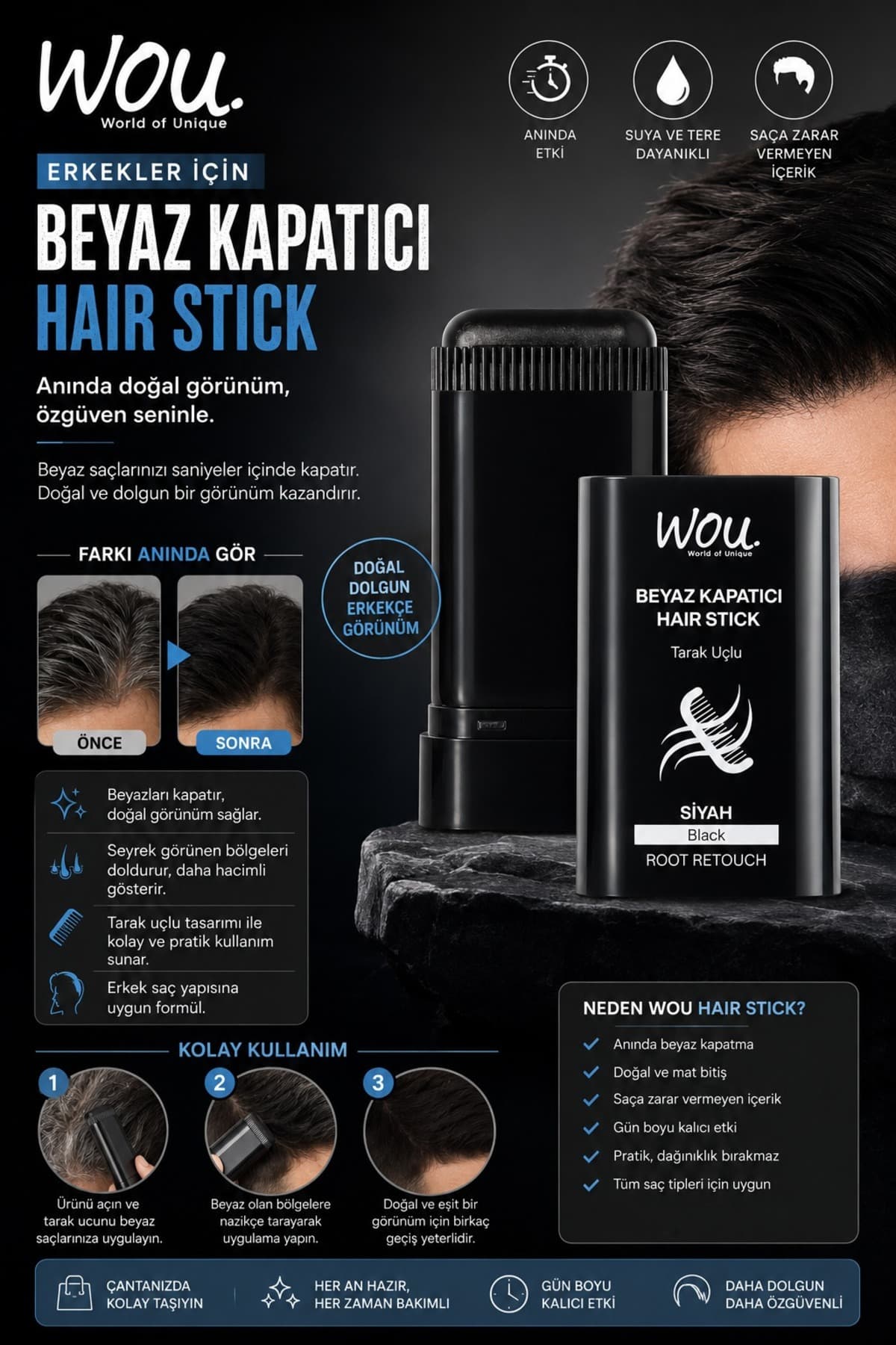 استیک موی پوشاننده سفید WOU World of Unique با سری شانهای مشکی استیک موی پوشاننده سفید WOU World of Unique با سری شانهای مشکی