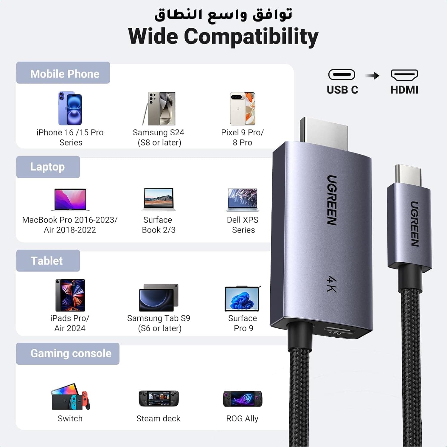 کابل USB C به HDMI چهارکی UGREEN با شارژ سریع PD 100W مدل 2M کابل USB C به HDMI چهارکی UGREEN با شارژ سریع PD 100W مدل 2M