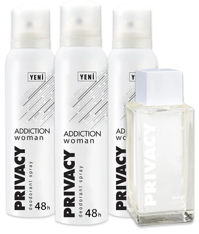 ست عطر و دئودورانت زنانه Privacy مدل Addiction شامل 100ml عطر و 3x150ml دئودورانت ست عطر و دئودورانت زنانه Privacy مدل Addiction شامل 100ml عطر و 3x150ml دئودورانت