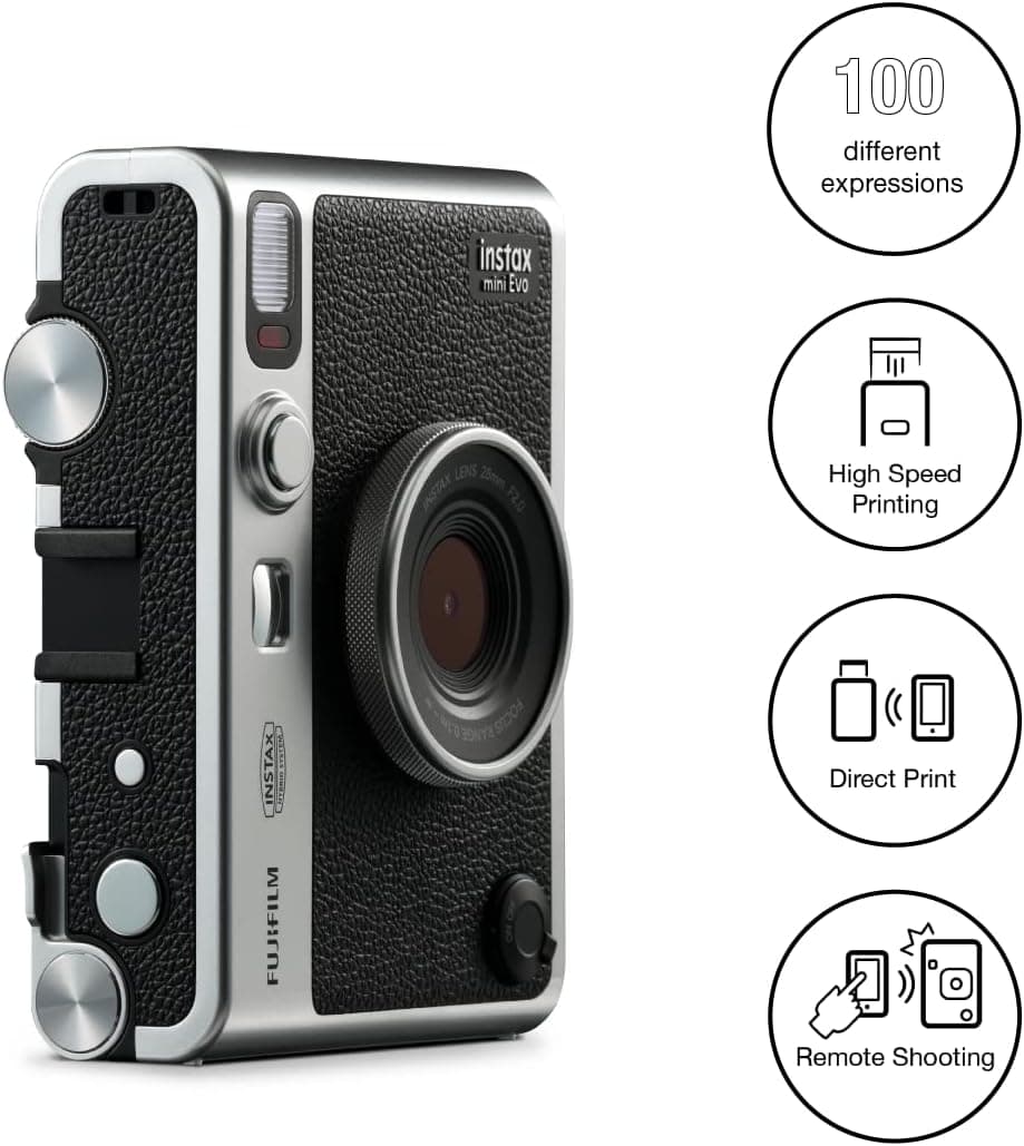 دوربین هیبریدی Fujifilm Instax Mini Evo مشکی با 20 شات فیلم خاکستری سنگی و 100 حالت مختلف دوربین هیبریدی Fujifilm Instax Mini Evo مشکی با 20 شات فیلم خاکستری سنگی و 100 حالت مختلف