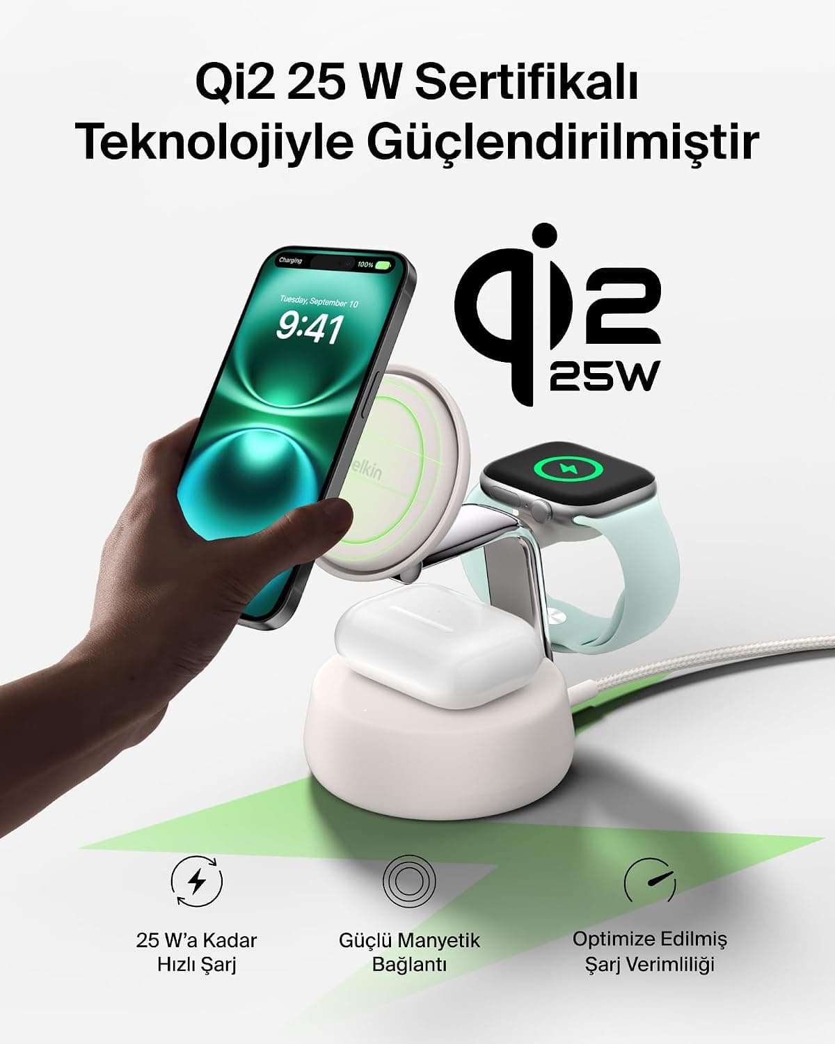 پایه شارژ بیسیم 3 در 1 Belkin سازگار با MagSafe و Qi2، 25W، مدل UltraCharge Pro، رنگ شنی پایه شارژ بیسیم 3 در 1 Belkin سازگار با MagSafe و Qi2، 25W، مدل UltraCharge Pro، رنگ شنی