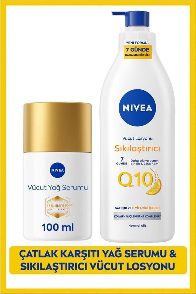لوسیون بدن سفتکننده NIVEA Q10 400ml و سرم روغن بدن ضدترک Luminous630 ویتامین C 100ml لوسیون بدن سفتکننده NIVEA Q10 400ml و سرم روغن بدن ضدترک Luminous630 ویتامین C 100ml