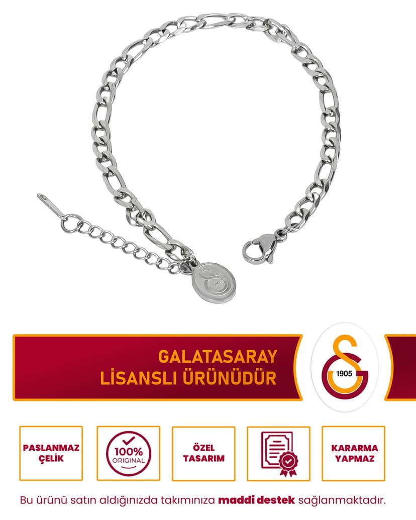 دستبند زنانه Galatasaray فولادی طرحدار قابل تنظیم خاکستری لایسنسی 19 cm دستبند زنانه Galatasaray فولادی طرحدار قابل تنظیم خاکستری لایسنسی 19 cm