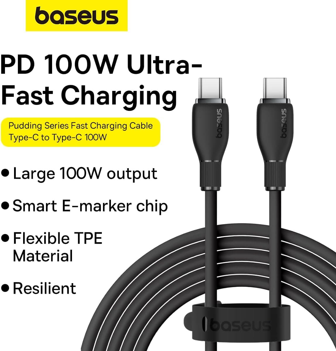 کابل Type-C به Type-C Baseus Pudding با قابلیت شارژ سریع 100W، 1.2 متر، مشکی کابل Type-C به Type-C Baseus Pudding با قابلیت شارژ سریع 100W، 1.2 متر، مشکی