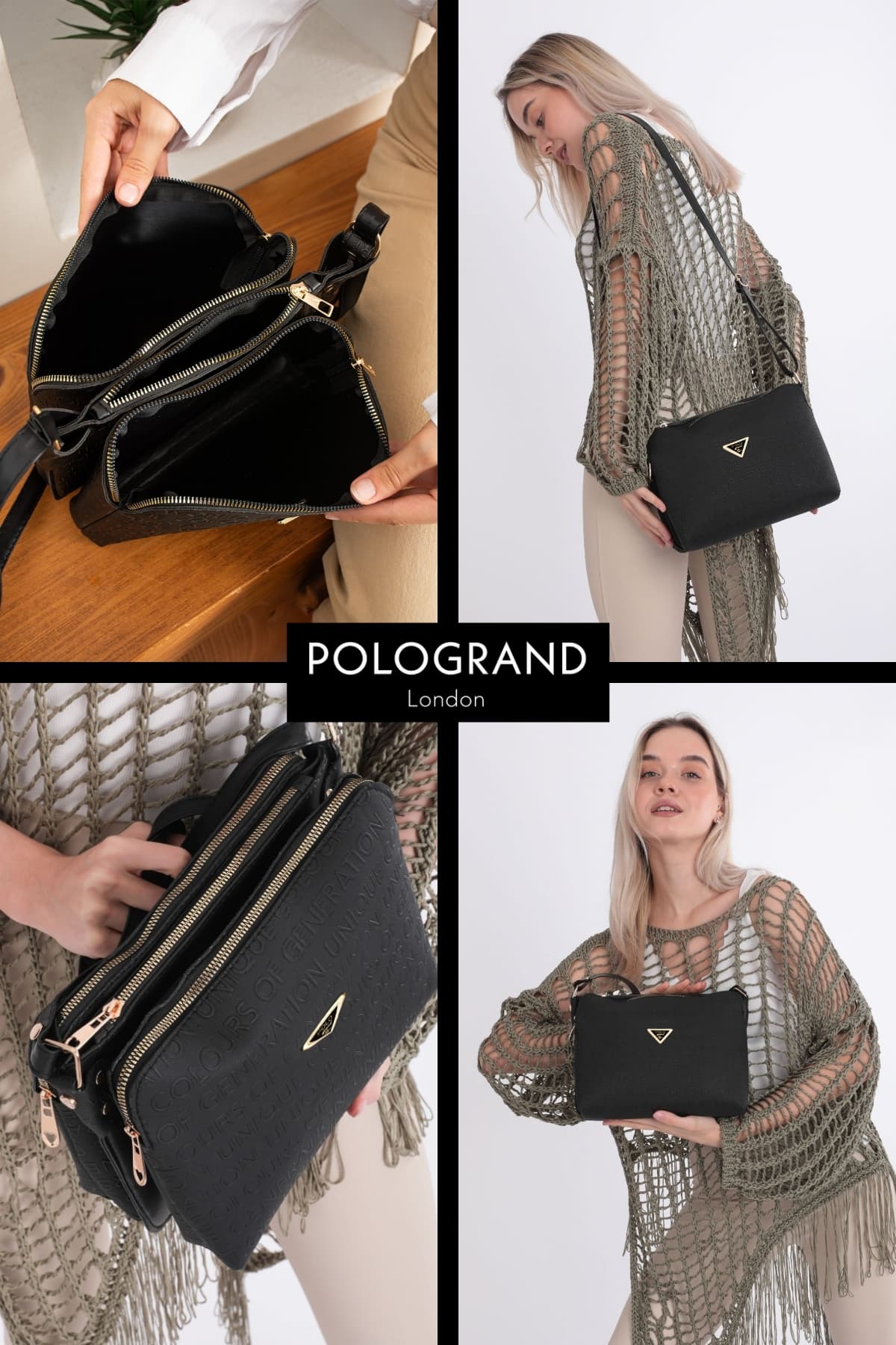 کیف رودوشی زنانه POLOGRAND London چرمی نرم سهمحفظهای با بند قابل تنظیم مشکی کیف رودوشی زنانه POLOGRAND London چرمی نرم سهمحفظهای با بند قابل تنظیم مشکی
