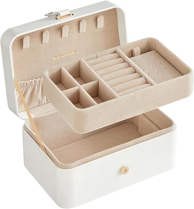 جعبه جواهرات سفری دوطبقه SONGMICS GISELLA برای زیورآلات بزرگتر، سفید ابری، 11 x 16 x 8 cm مدل JBC166C02 جعبه جواهرات سفری دوطبقه SONGMICS GISELLA برای زیورآلات بزرگتر، سفید ابری، 11 x 16 x 8 cm مدل JBC166C02