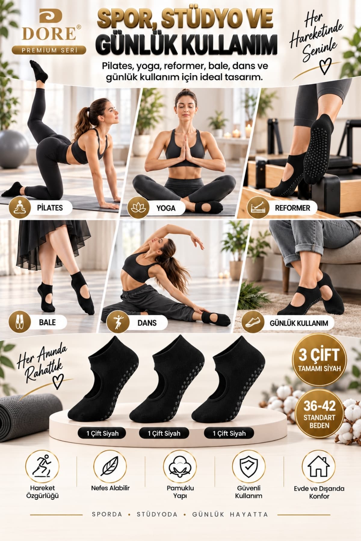 جوراب زنانه DORE ضدلغزش نخی Pilates Yoga سایز استاندارد 36-42 مشکی 3 جفت جوراب زنانه DORE ضدلغزش نخی Pilates Yoga سایز استاندارد 36-42 مشکی 3 جفت