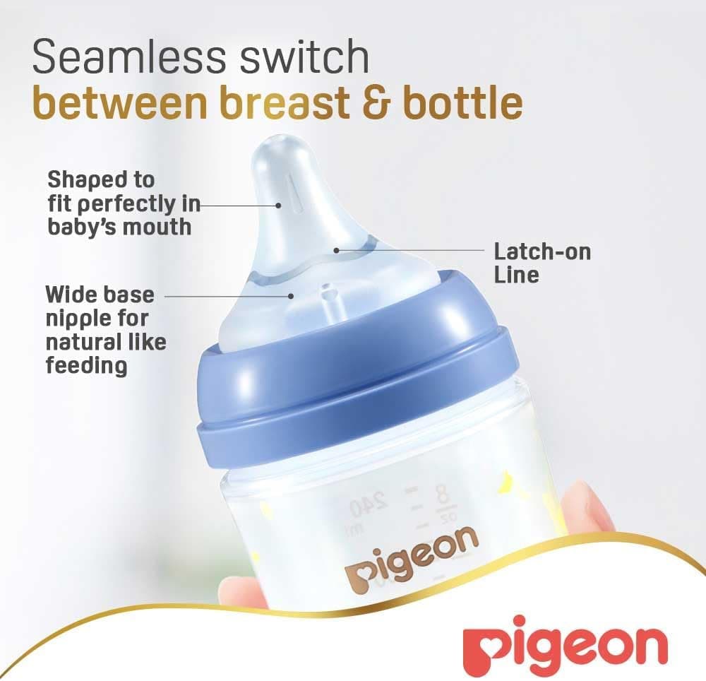 شیشه شیر Pigeon Softouch Wide Neck Peristaltic PLUS طرحدار سرشیر متوسط بدون BPA 240ml شیشه شیر Pigeon Softouch Wide Neck Peristaltic PLUS طرحدار سرشیر متوسط بدون BPA 240ml
