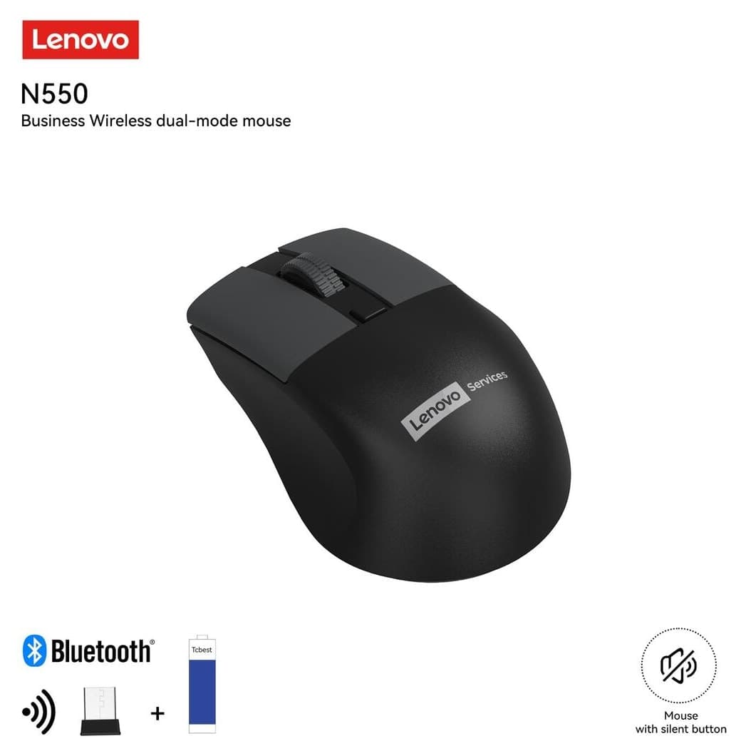 ماوس Lenovo بیسیم دو حالته Bluetooth و 2.4GHz بیصدا مشکی مدل N550 ماوس Lenovo بیسیم دو حالته Bluetooth و 2.4GHz بیصدا مشکی مدل N550