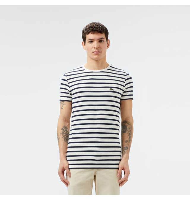 تیشرت مردانه Lacoste یقه گرد اسلیم فیت راهراه سفید تیشرت مردانه Lacoste یقه گرد اسلیم فیت راهراه سفید