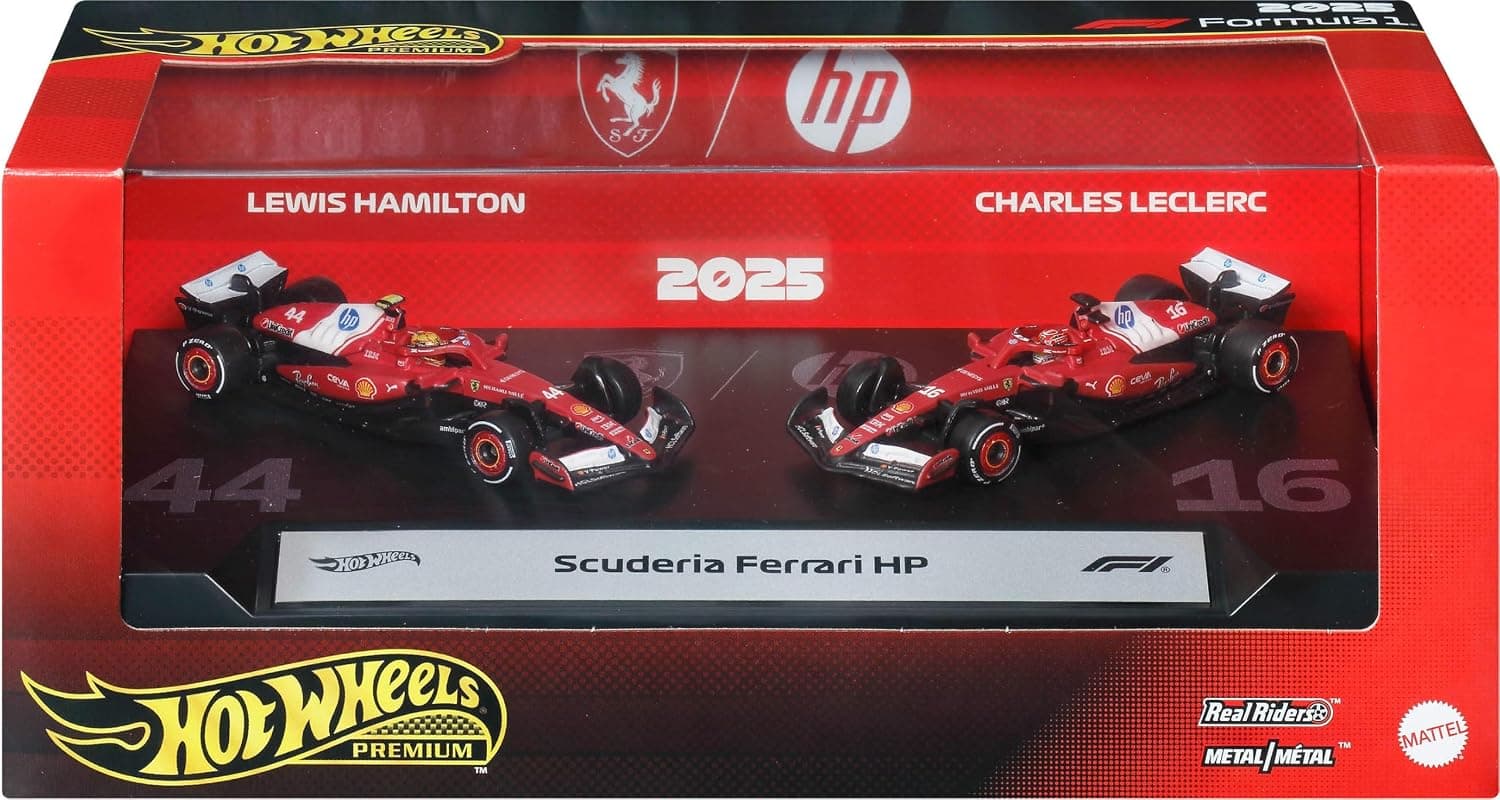 خودروهای مسابقهای اسباببازی Formula 1 Hot Wheels مدل Scuderia Ferrari HP، 2 عدد 1:64، Lewis Hamilton و Charles Leclerc خودروهای مسابقهای اسباببازی Formula 1 Hot Wheels مدل Scuderia Ferrari HP، 2 عدد 1:64، Lewis Hamilton و Charles Leclerc