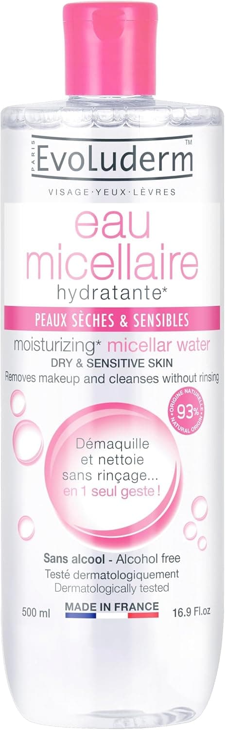 آب میسلار پاککننده آرایش و شوینده صورت Evoluderm برای پوست خشک و حساس، بدون الکل، 500ml آب میسلار پاککننده آرایش و شوینده صورت Evoluderm برای پوست خشک و حساس، بدون الکل، 500ml