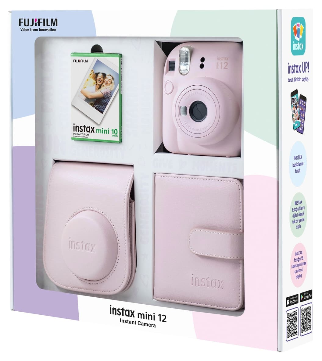 دوربین فوری Fujifilm Instax mini 12 صورتی با 10 فیلم، آلبوم مربعی، کیف چرمی دوربین فوری Fujifilm Instax mini 12 صورتی با 10 فیلم، آلبوم مربعی، کیف چرمی