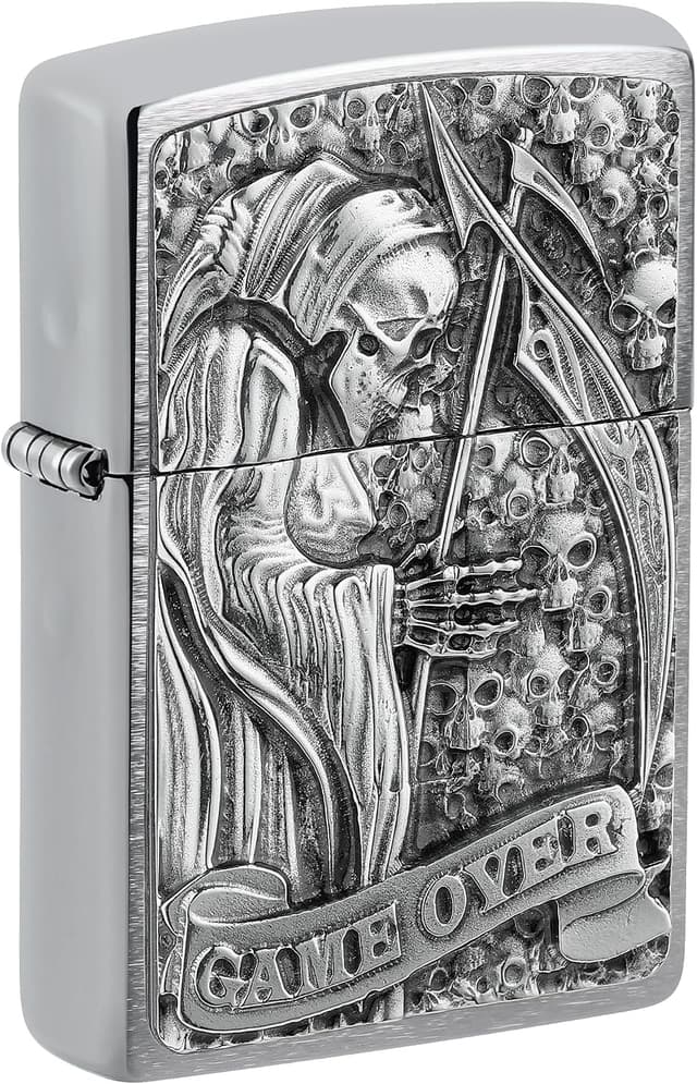فندک بادگیر Zippo Reaper Game Over 3D کروم براشخورده با نشان فندک بادگیر Zippo Reaper Game Over 3D کروم براشخورده با نشان