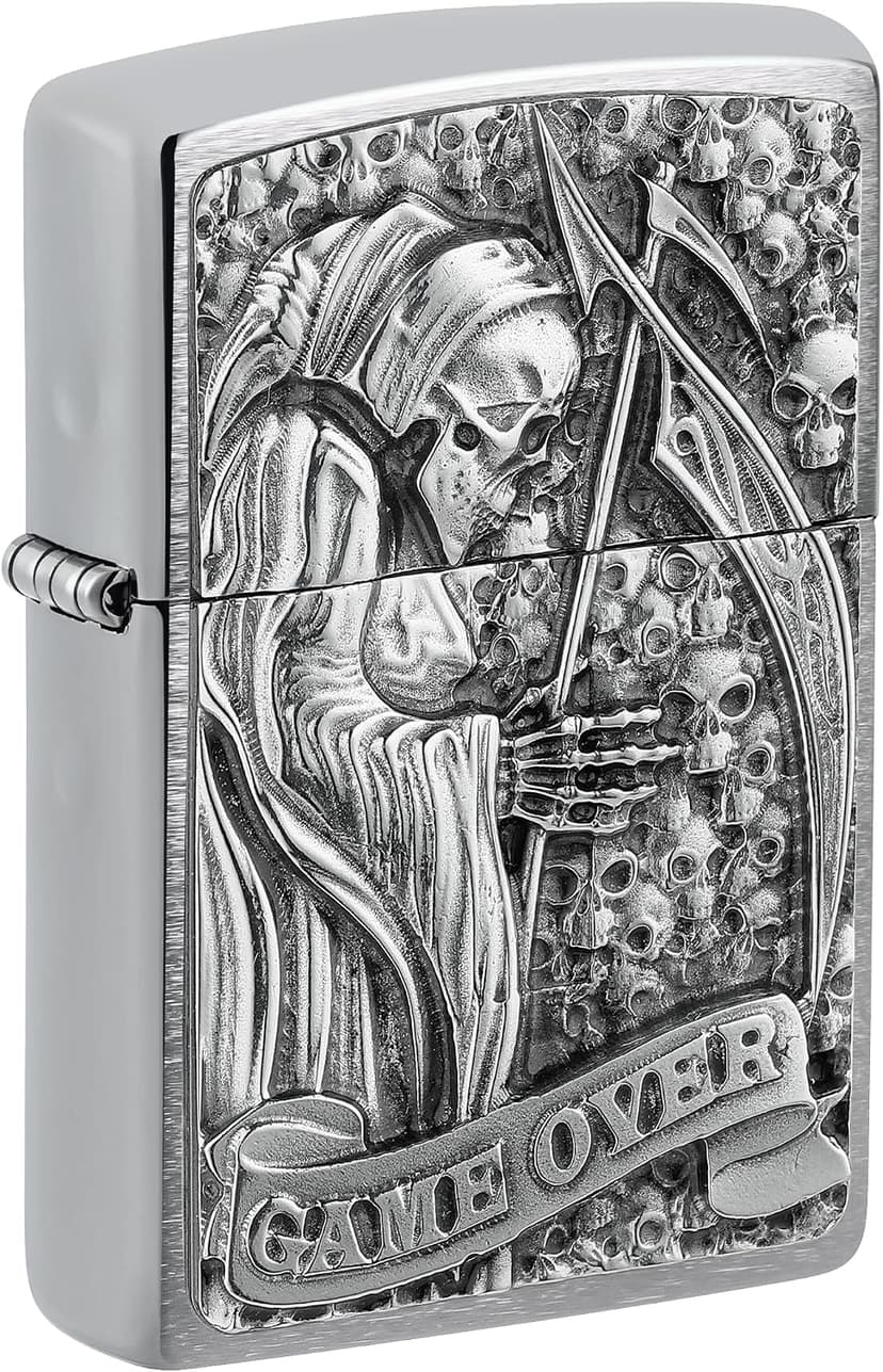 فندک بادگیر Zippo Reaper Game Over 3D کروم براشخورده با نشان فندک بادگیر Zippo Reaper Game Over 3D کروم براشخورده با نشان