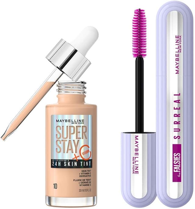 ست آرایشی MAYBELLINE شامل ریمل Falsies Surreal و کرمپودر Super Stay Skin Tint، 10 عددی ست آرایشی MAYBELLINE شامل ریمل Falsies Surreal و کرمپودر Super Stay Skin Tint، 10 عددی