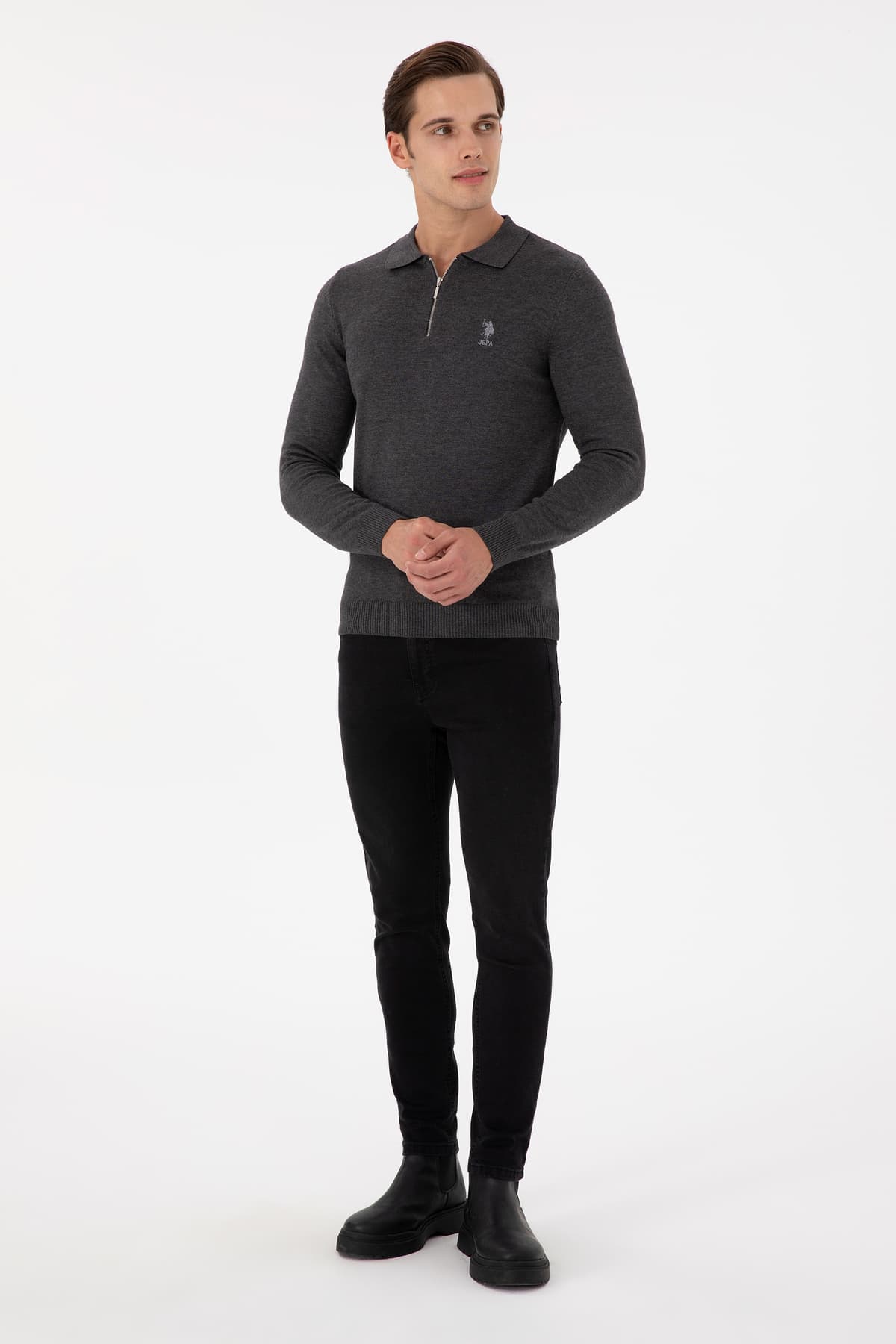 پلیور مردانه U.S. Polo Assn. اسلیم فیت نیم زیپ آنتراسیت ملانژ بیسیک مدل 50297066-VR081 پلیور مردانه U.S. Polo Assn. اسلیم فیت نیم زیپ آنتراسیت ملانژ بیسیک مدل 50297066-VR081