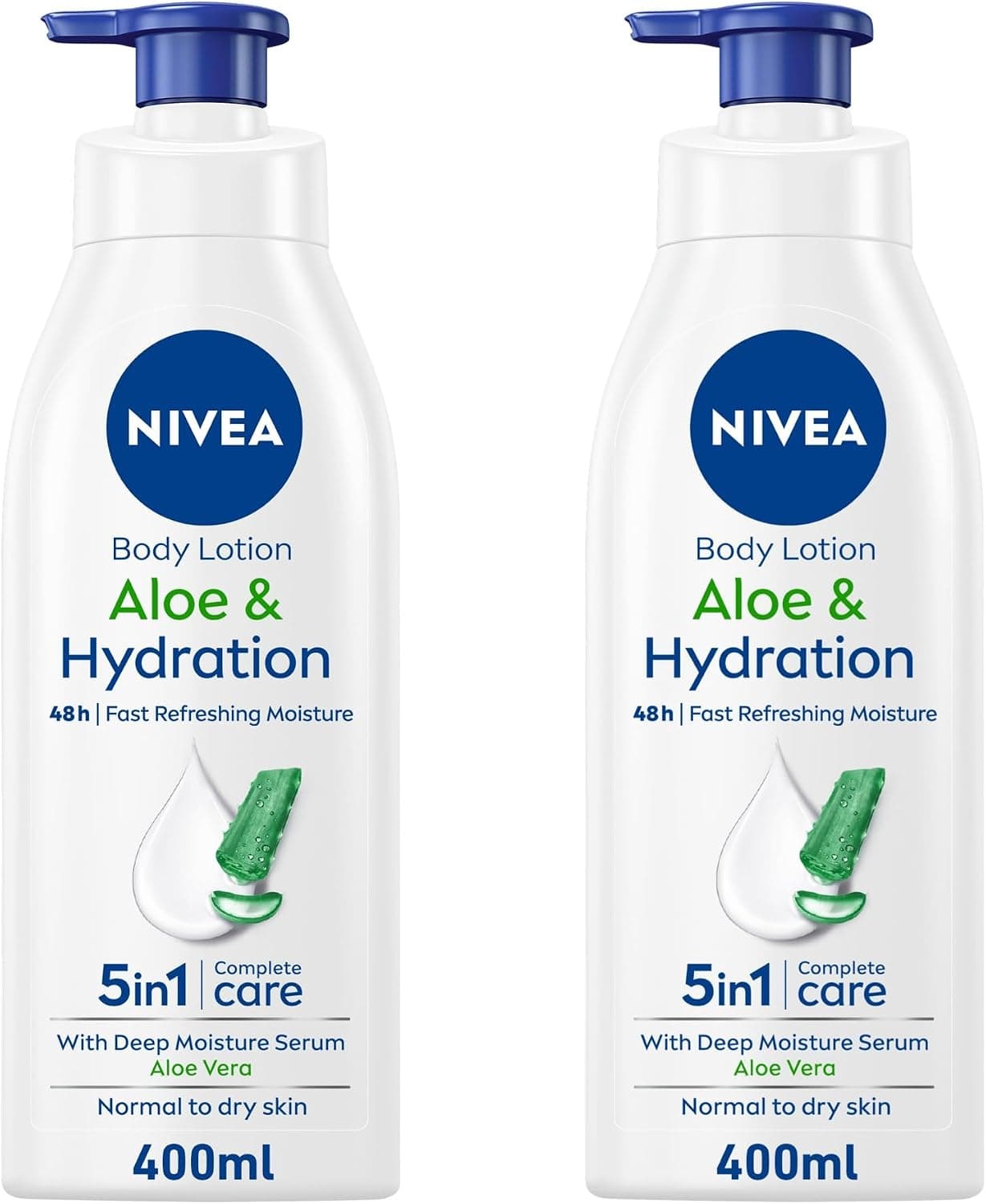 لوسیون بدن مناسب پوست معمولی تا خشک NIVEA با آلوئهورا و Hyaluron خالص 100%، رطوبترسانی 72 ساعته 2x400ml لوسیون بدن مناسب پوست معمولی تا خشک NIVEA با آلوئهورا و Hyaluron خالص 100%، رطوبترسانی 72 ساعته 2x400ml