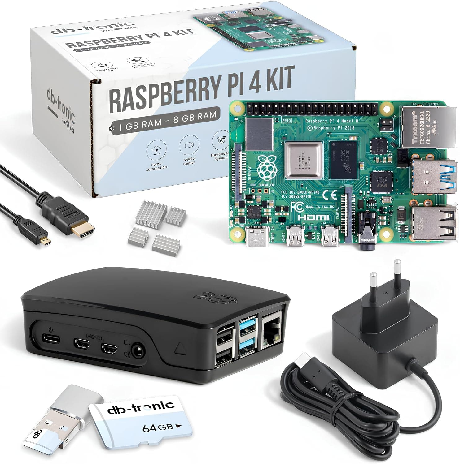 کیت استارتر Raspberry Pi 4 برند db-tronic با حافظه 64 GB و کیس مشکی کیت استارتر Raspberry Pi 4 برند db-tronic با حافظه 64 GB و کیس مشکی