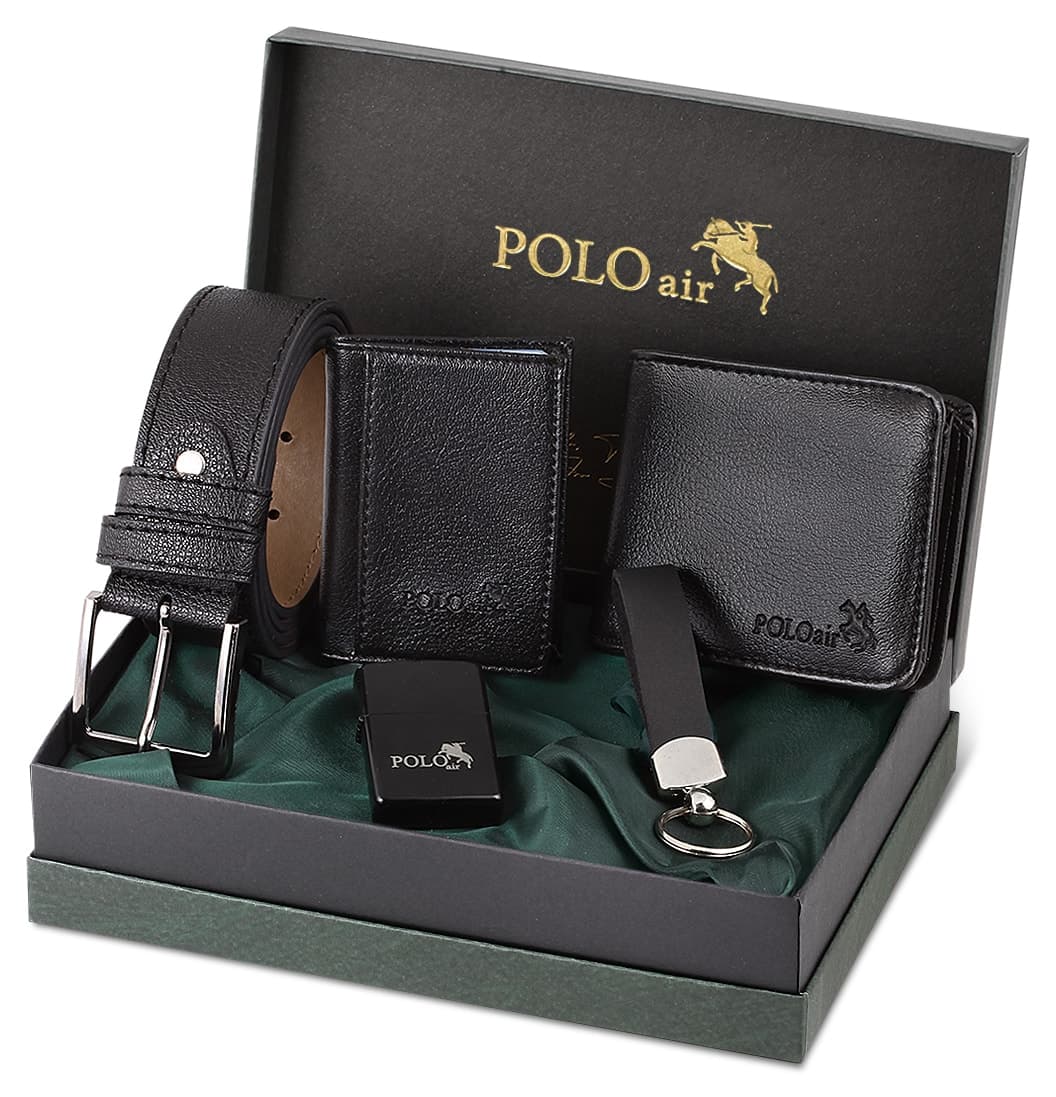 ست هدیه مردانه Poloair کمربند، کیف پول، کارتخوان، جاکلیدی و فندک مشکی مدل Sete-3012-chx ست هدیه مردانه Poloair کمربند، کیف پول، کارتخوان، جاکلیدی و فندک مشکی مدل Sete-3012-chx
