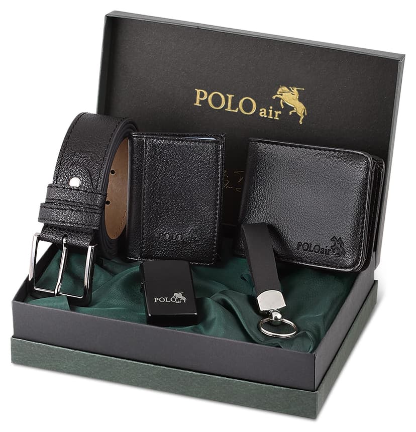 ست هدیه مردانه Poloair کمربند، کیف پول، کارتخوان، جاکلیدی و فندک مشکی مدل Sete-3012-chx ست هدیه مردانه Poloair کمربند، کیف پول، کارتخوان، جاکلیدی و فندک مشکی مدل Sete-3012-chx