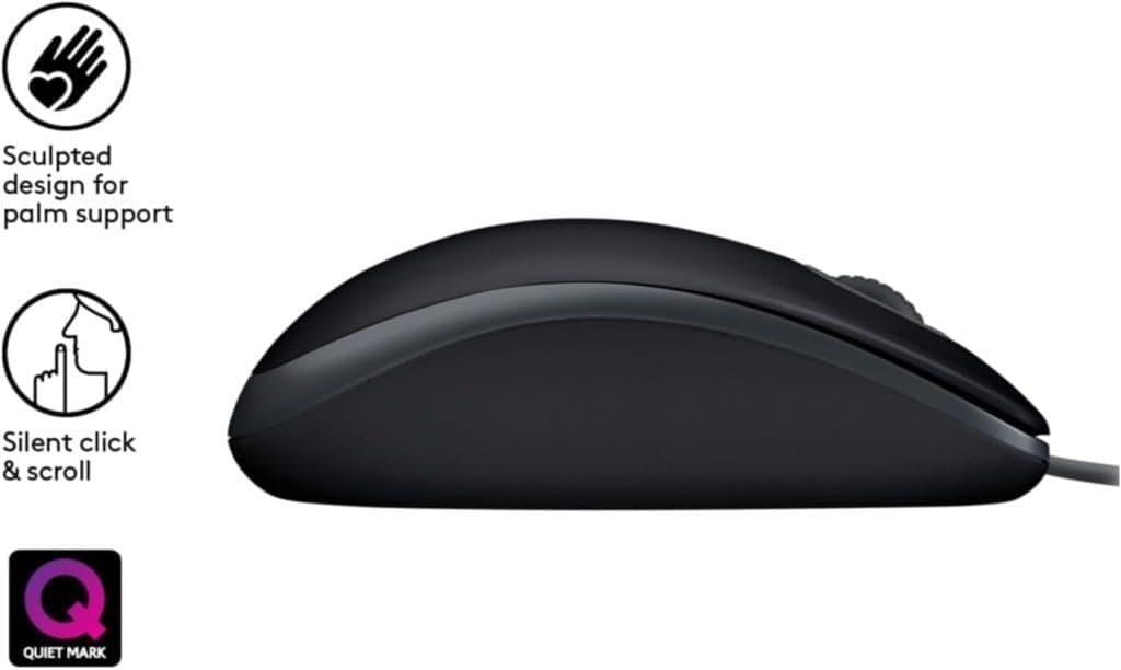 ماوس USB سیمی Logitech با دکمههای بیصدا و طراحی تمامسایز دوطرفه برای PC/Mac/Laptop مدل B110 ماوس USB سیمی Logitech با دکمههای بیصدا و طراحی تمامسایز دوطرفه برای PC/Mac/Laptop مدل B110