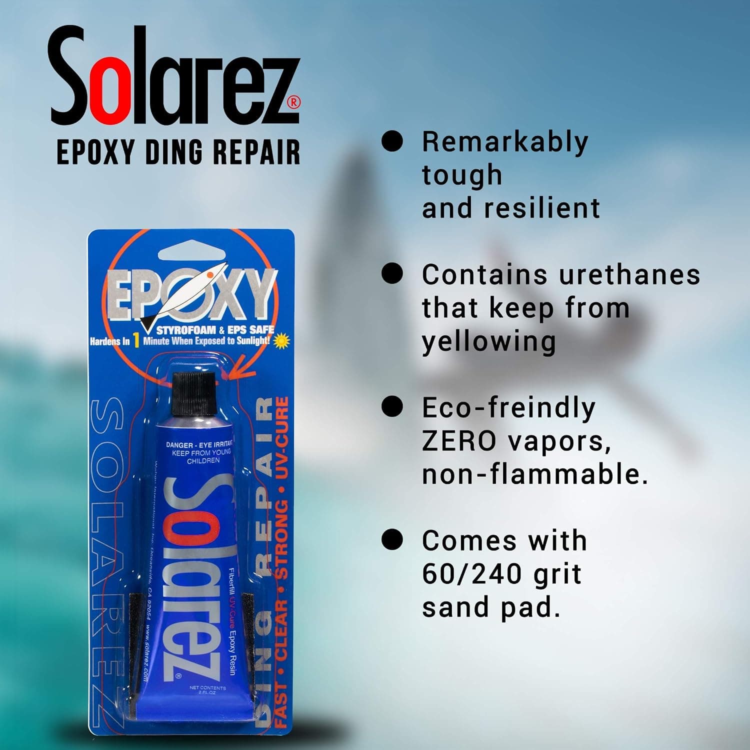 رزین ترمیمی اپوکسی تخته پارویی SUP و تخته موجسواری SOLAREZ خشکشونده با UV، 2 oz همراه پد سنباده 60/40 grit رزین ترمیمی اپوکسی تخته پارویی SUP و تخته موجسواری SOLAREZ خشکشونده با UV، 2 oz همراه پد سنباده 60/40 grit